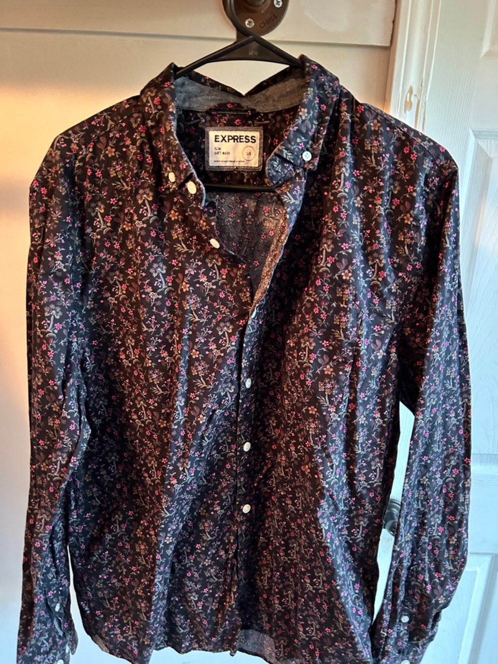 Express Black Button-Down Shirt with Pink Floral Print